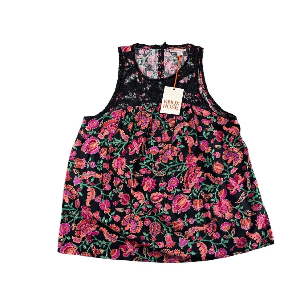 Knox Rose Shirt Womens Small Black Tank Knit Top Boho Floral Sleeveless NWT